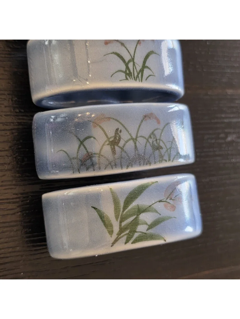 Set Of 4 Ceramic Floral Napkin Rings Light Blue Botanical Table Decor EUC